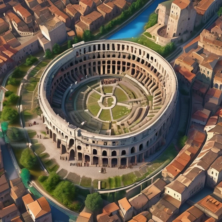 Beautiful, realistic aerial view of medieval Roman society., The city sprawls across the landscape with its many intricate stone buildings and cobbled streets., The mighty Colosseum dominates the centre., bustling market, and lively squares filled with people, Surrounded by lush farmland and meandering rivers., photography, High resolution drone camera with professional 8k hd lens.