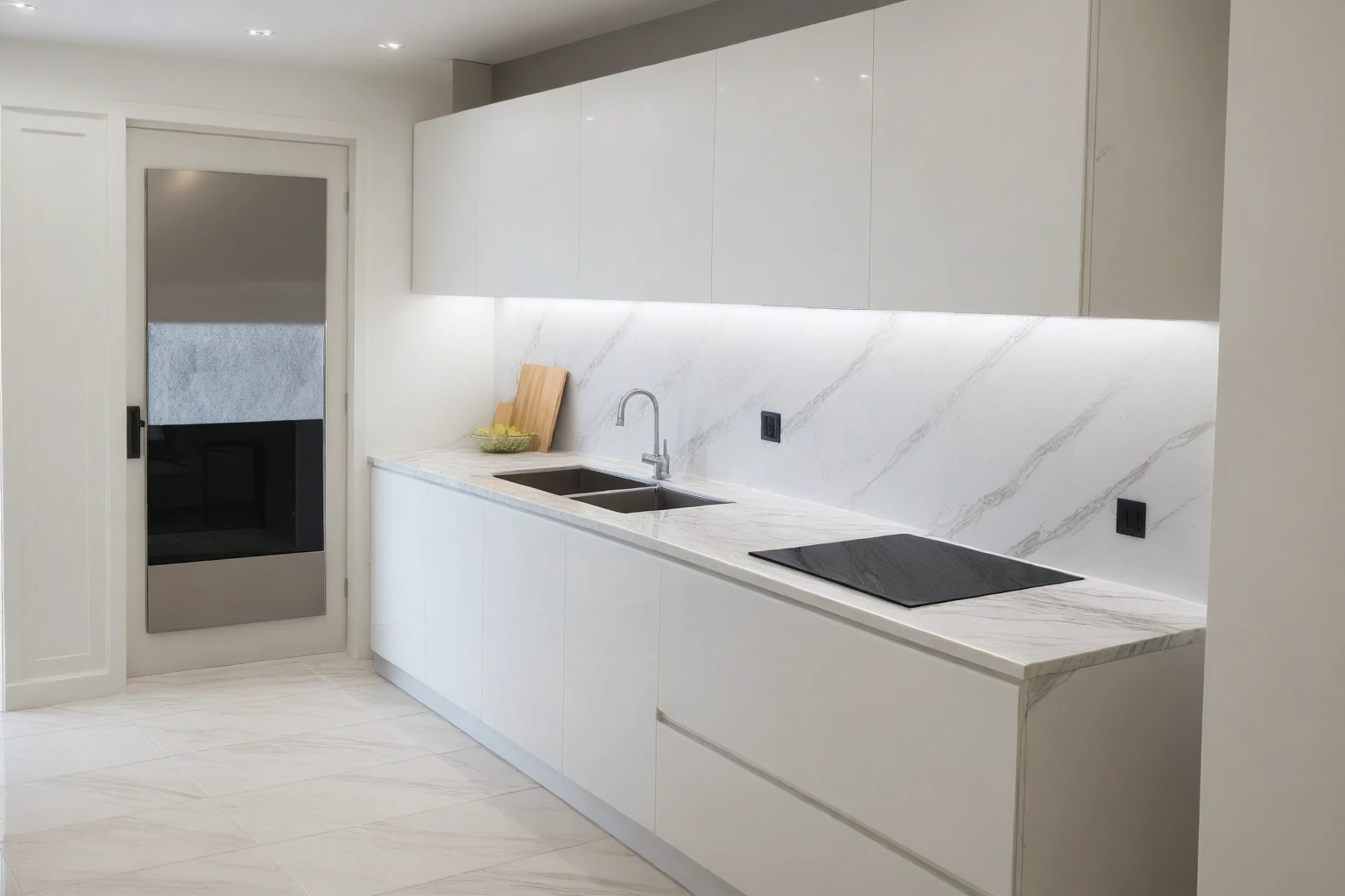 Raw photo,Masterpiece, high quality, best quality, authentic, super detail,
indoors, interior , ((kitchen and dining :1.3)), modern style, daylight, (WHITE WALL),luxury, marble tile floor, fridge, black stone counter top