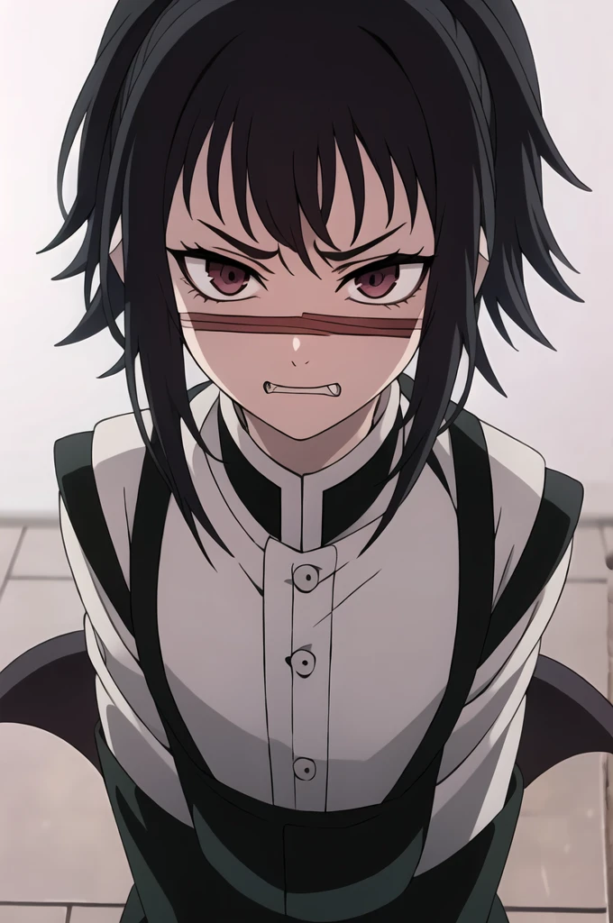 (Kimetsu no Yaiba/demon slayer) a demon girl, with big fangs, with a very upset expression, His demon house uniform is almost worn out., his hair is short and white.