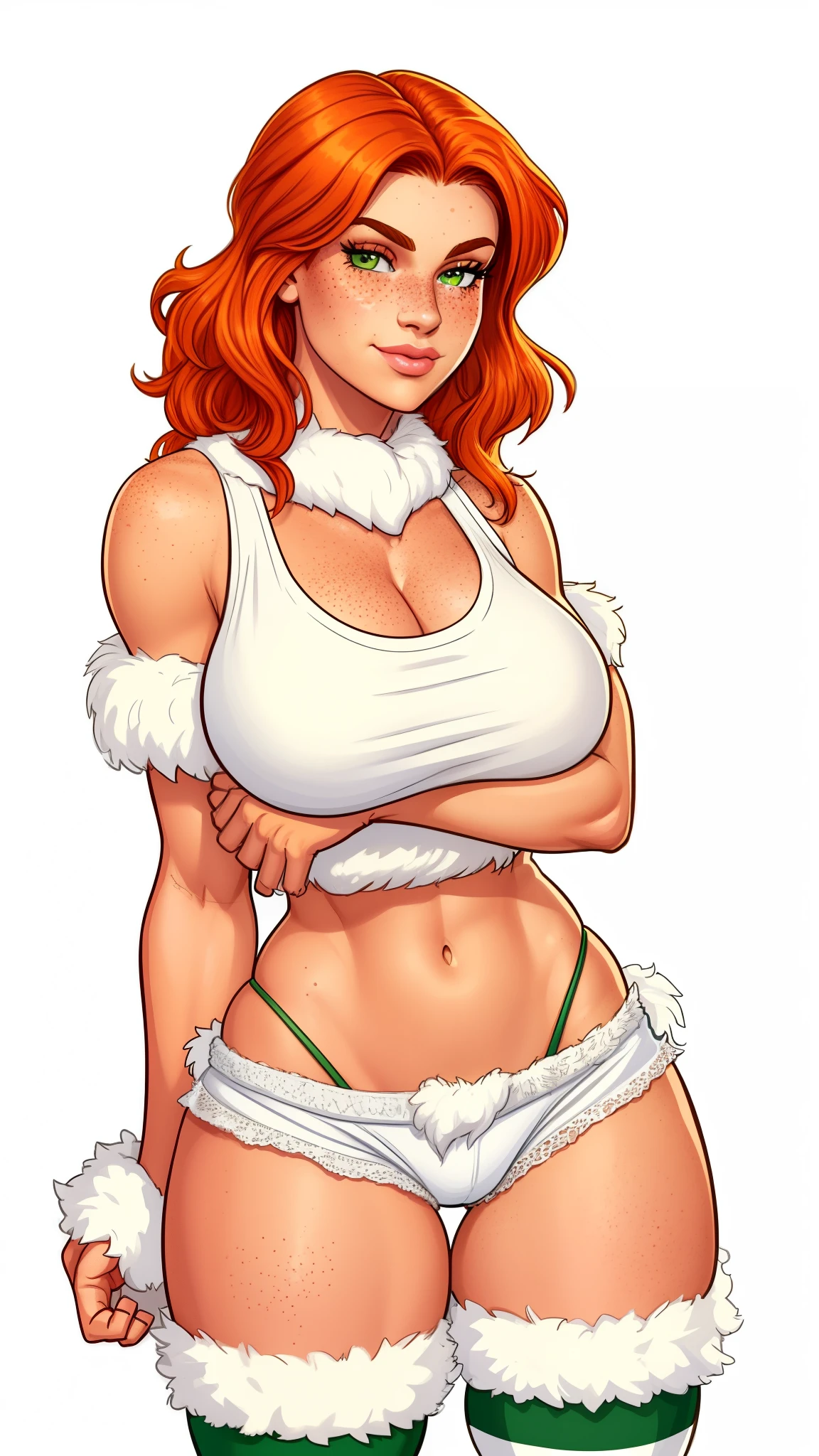 Lacy Lemon, pretty woman, ginger hair, midriff, white cloth hotpants,tank top, fur stole, short shorts, fur wrap over shoulders, freckles, large breasts, rubenesque, thigh high striped socks,
green eyes,
white background, blank background,