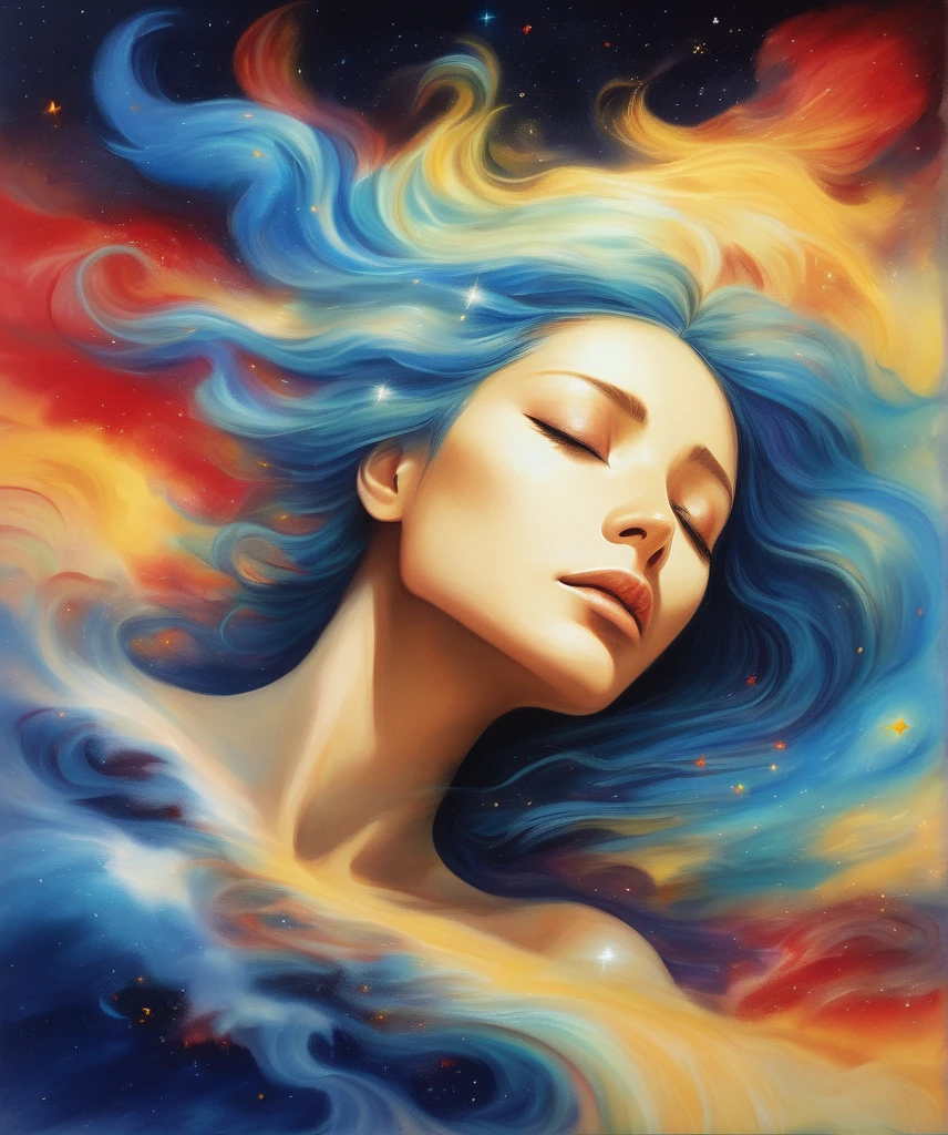 "A surreal painting of a woman with her eyes closed, her hair blending seamlessly into a vibrant mix of colors, including blue, yellow, and red. The background is a cosmic scene with stars and a dreamy atmosphere, giving a sense of fluidity and motion. The overall mood is peaceful and introspective, with the colors creating a dynamic and ethereal effect."
