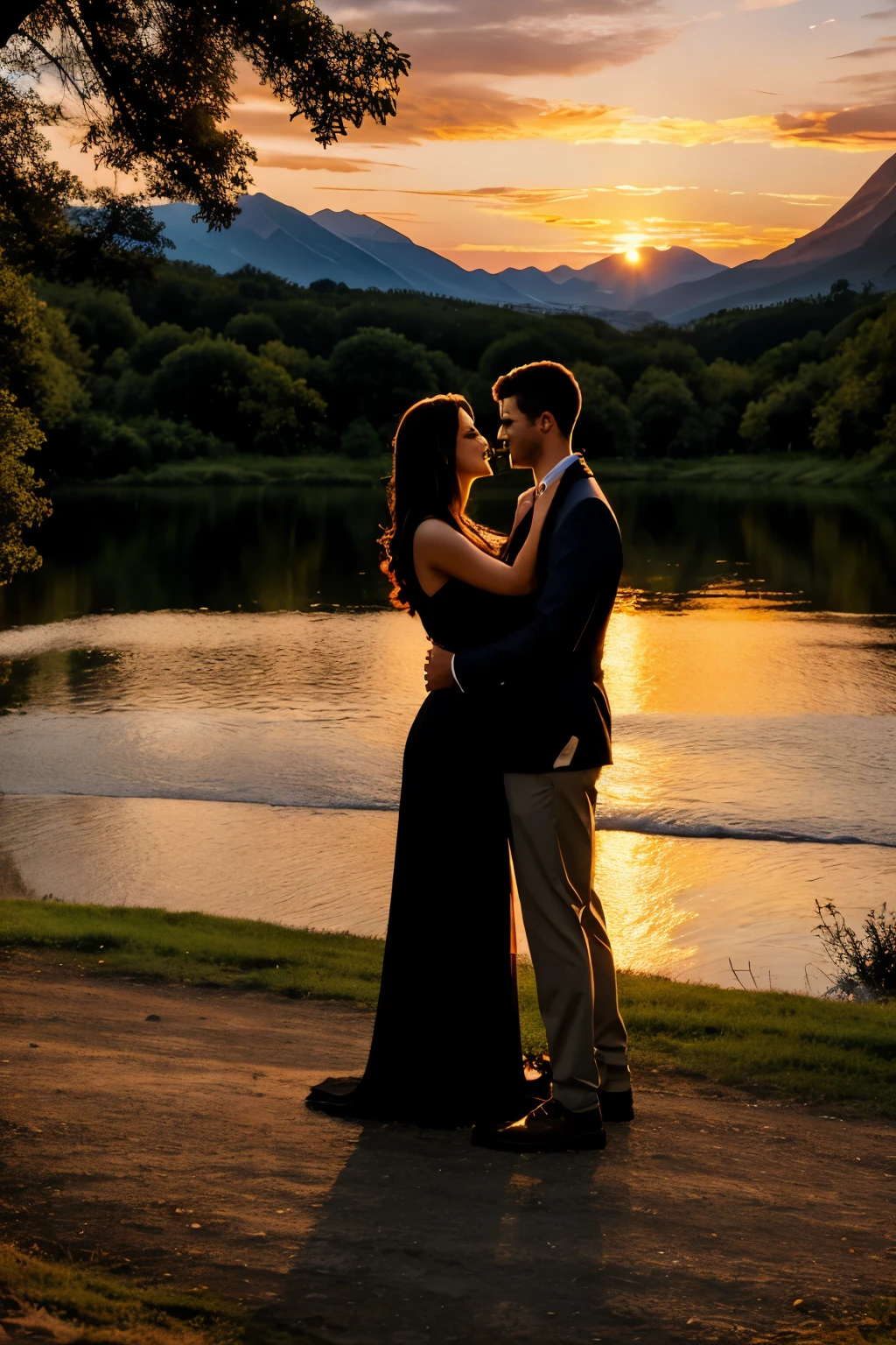 couples,sunset,near river,mountain, trees,shadow,