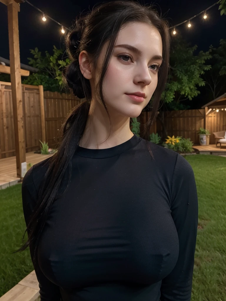 Selfie, Ultrarealistic, (pale skin), black hair, hair tide up in a bun, strains of hair coming down her face, big breasts, cleavage, blue long sleeve top, upper body, backyard, night, (selfy with front camera)