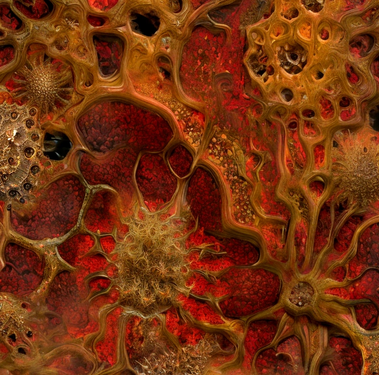 5+√(555×tan(15+15), fractal, Khorne,crimson, gold and black, organic matter, cellular colony, deep wiew,4k resolution,hyperdetailed, masterpiece, 3d modelling, abstract art, digital art