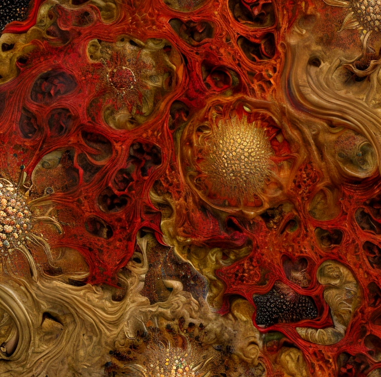 5+√(555×tan(15+15), fractal, Khorne,crimson, gold and black, organic matter, cellular colony, deep wiew,4k resolution,hyperdetailed, masterpiece, 3d modelling, abstract art, digital art