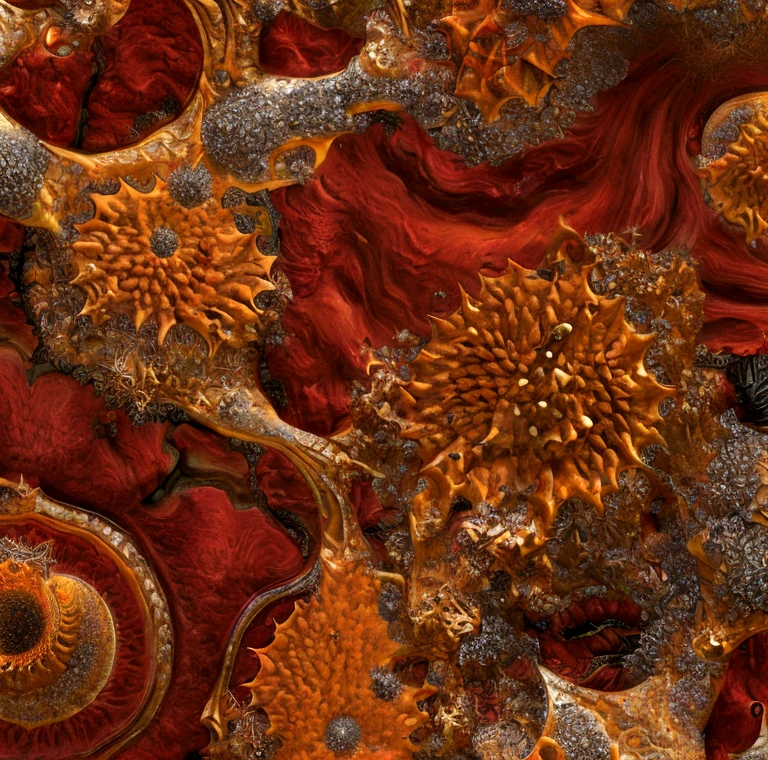 5+√(555×tan(15+15), fractal, Khorne,crimson, gold and black, organic matter, cellular colony, deep wiew,4k resolution,hyperdetailed, masterpiece, 3d modelling, abstract art, digital art