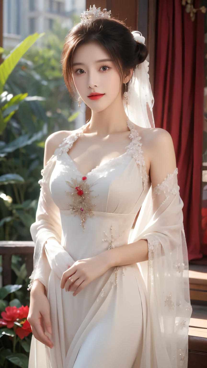 ((masterpiece)), best quality, (8K, best quality, masterpiece: 1.2), Extremely detailed, She was wearing an exquisite Chinese wedding dress,The skirt is embroidered with auspicious patterns of dragons and phoenixes,Wearing a jeweled phoenix crown,Exquisite makeup,Red lips and white teeth,Eyes and eyebrows are picturesque,Exudes an elegant and noble atmosphere。Her hair is tied into a bun,There is a red silk flower on it.,More gentle and charming。She wore an emerald ring on her finger.,Wearing a jade bracelet on the wrist,Every step exudes the charm and charm of oriental women。