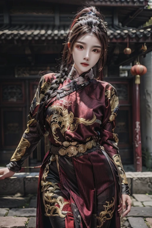 realistic, red cloth, exquisite face, braid, Full show, Gold Embroidery， black embroidered gold， high ponytail， depth of field, high resolution, 1 woman, hips up, beautiful eyes, white hair, long hair, big eyes, Chinese clothes, Fei Yu