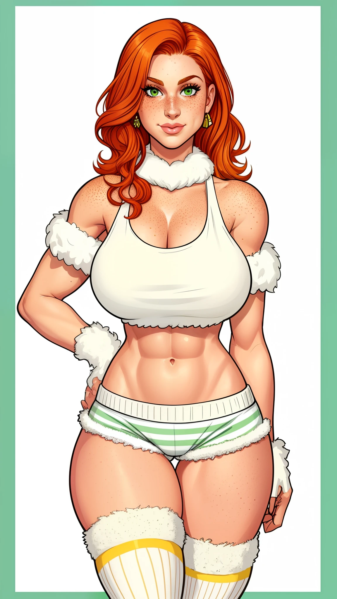 Lacy Lemon, pretty woman, ginger hair, midriff, white cloth hotpants,tank top, fur stole, short shorts, fur wrap over shoulders, freckles, large breasts, rubenesque, thigh high striped socks,
green eyes,
white background, blank background,