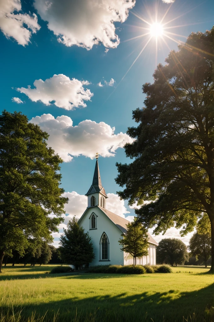church,grassland,Trees,Sunlight,White Cloud