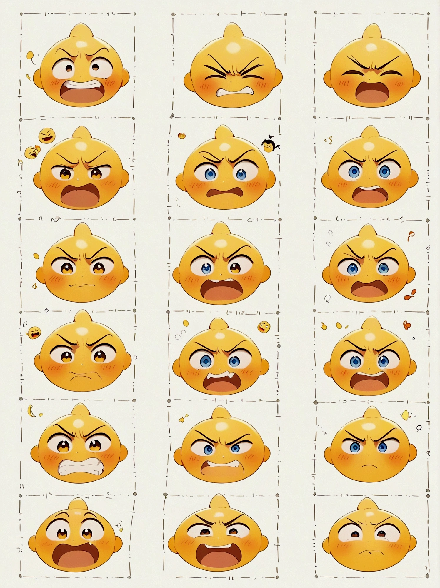 Hayao Miyazaki，Cartoon illustration，(9 emojis, emoji sheet, Align arrangement)，Stick Figure，A cute little banana，chunky，whole body，various expressions and actions，Exaggerated actions，Wronged，laughing out loud，angry，sad、surprise、Staring etc.，Various emotions， (White background:1.5)，Q version，Vector illustration，Clear outline，Perfect details，Clear boundaries，uhd，8K，((Nine Palace Grid Layout))