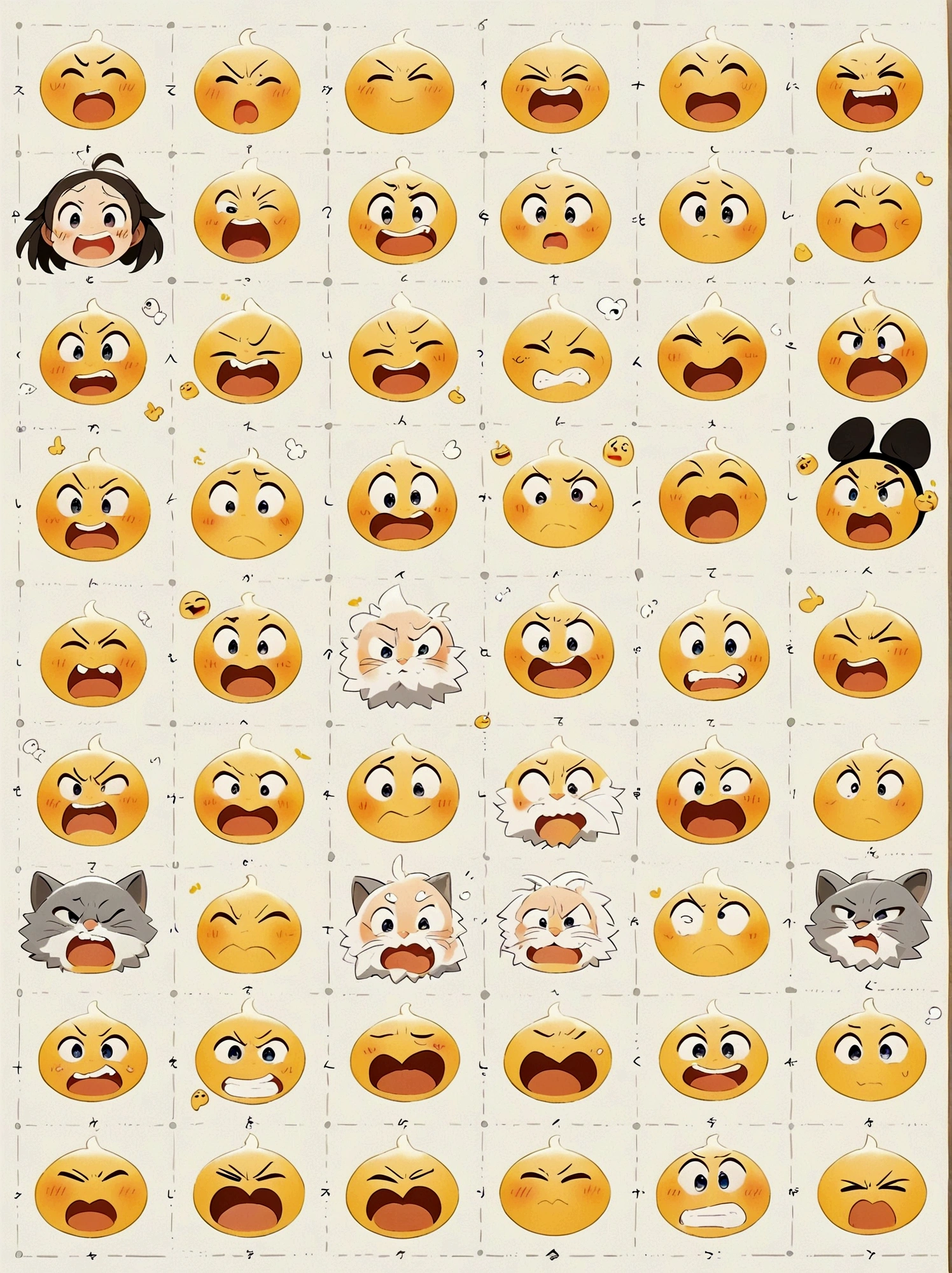 Hayao Miyazaki,Cartoon illustration,(9 emojis, emoji sheet, Align arrangement),Stick Figure,A cute little banana,chunky,whole body,various expressions and actions,Exaggerated actions,Wronged,laughing out loud,angry,sad、surprise、Staring etc.,Various emotions, (White background:1.5),Q version,Vector illustration,Clear outline,Perfect details,Clear boundaries,uhd,8K,((Nine Palace Grid Layout))
