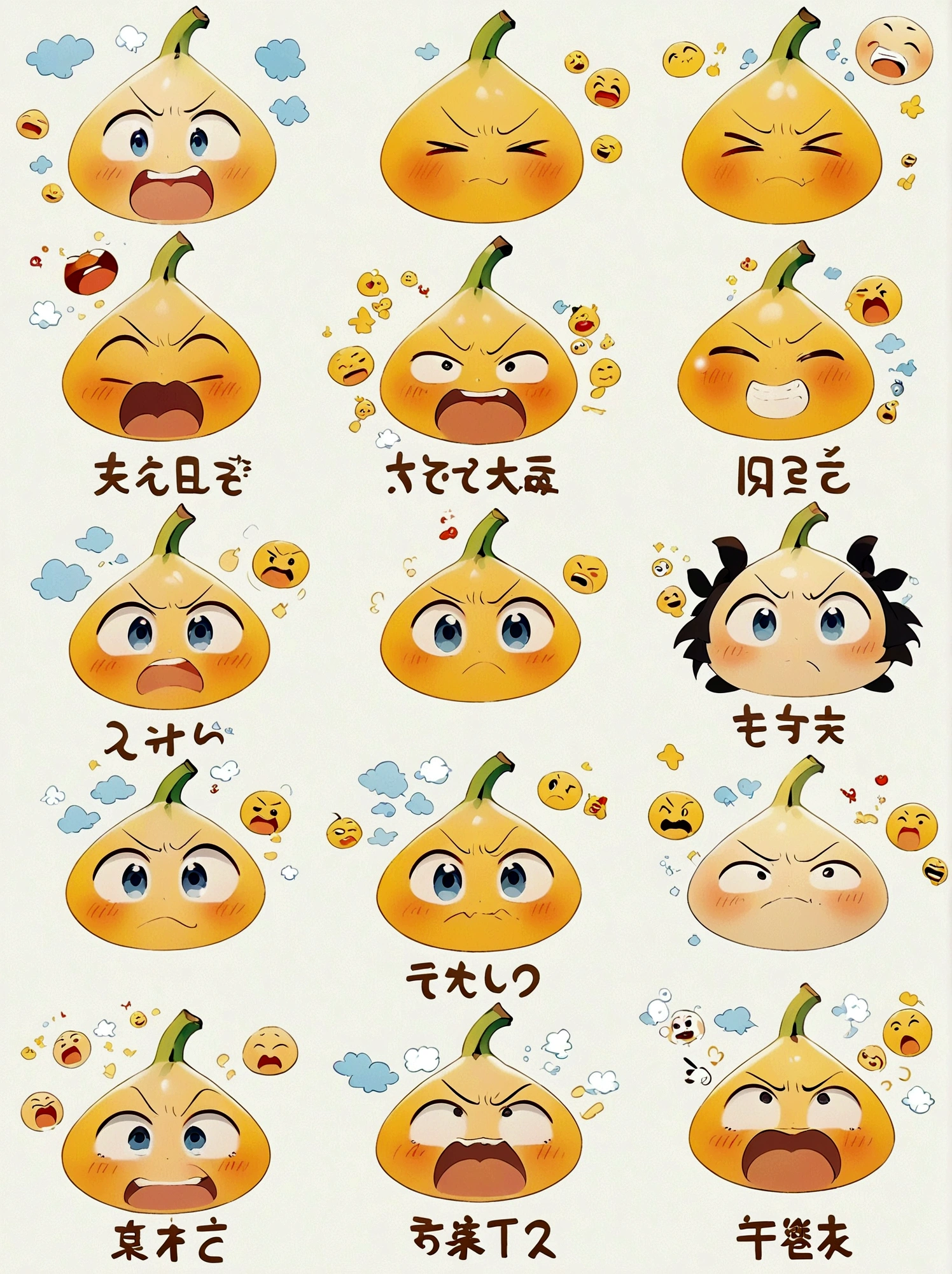 Hayao Miyazaki,Cartoon illustration,(9 emojis, emoji sheet, Align arrangement),Stick Figure,A cute little banana,chunky,whole body,various expressions and actions,Exaggerated actions,Wronged,laughing out loud,angry,sad、surprise、Staring etc.,Various emotions, (White background:1.5),Q version,Vector illustration,Clear outline,Perfect details,Clear boundaries,uhd,8K,((Nine Palace Grid Layout))