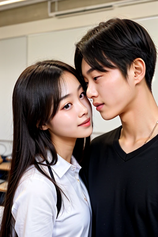 A korean school girl with long hair and a korean boy With short hair ,tall . They both seeing each other