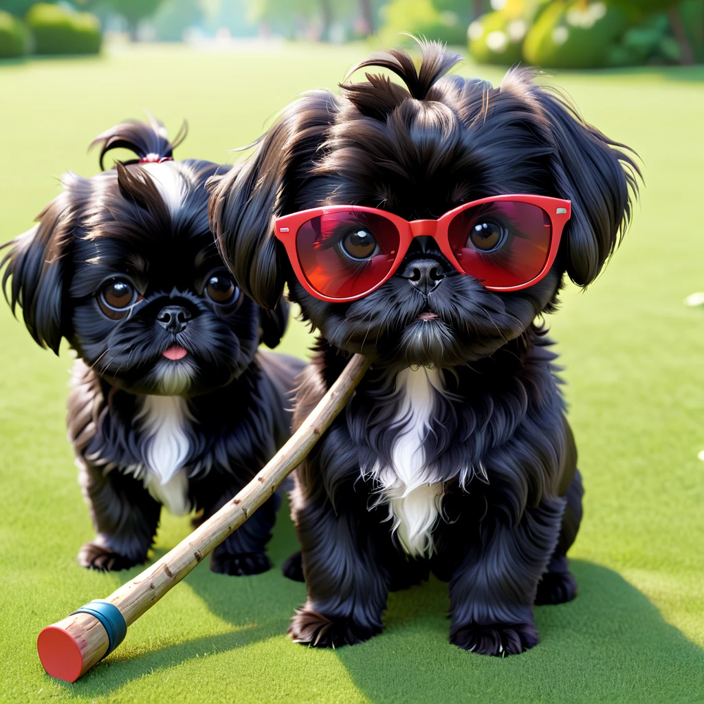 2 Adorable small black Shih Tzu puppies red sunglasses found a stick at park 3d cartoon 3d render disney pixar style