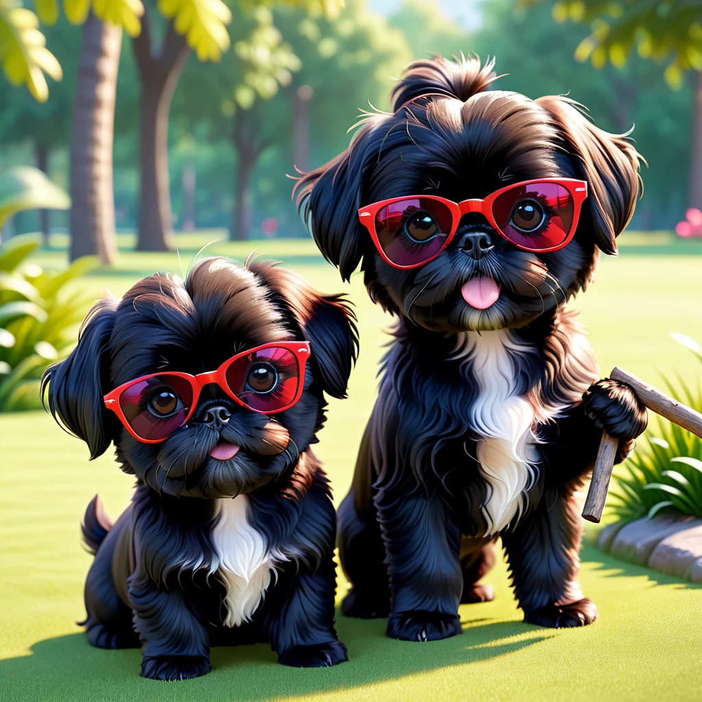 2 Adorable small black Shih Tzu puppies red sunglasses found a stick at park 3d cartoon 3d render disney pixar style