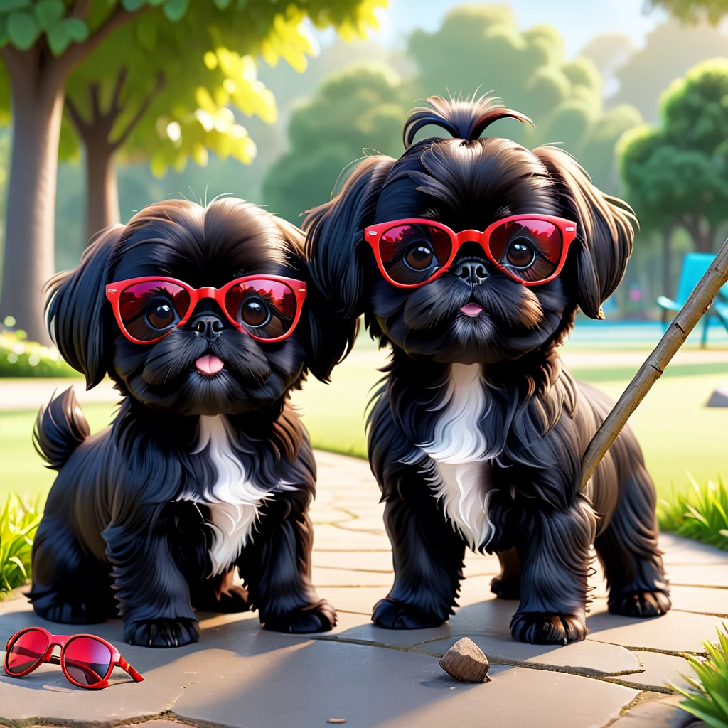 2 Adorable small black Shih Tzu puppies red sunglasses found a stick at park 3d cartoon 3d render disney pixar style