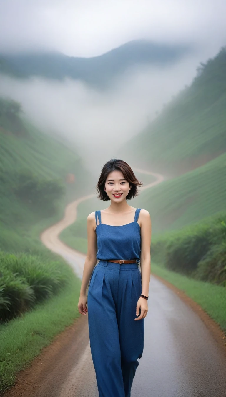 Beautiful Korean Woman, Chest size 34 inches, Wearing high-end luxury brand sleeveless and high-quality casual pants., Foggy scenery of Sapa, Vietnam, I can see the trail, Short and medium hair blowing in the wind, Taken from a distance with a wide angle lens, Realistic living landscape, Front photo facing the camera, best picture quality, Short medium hair blowing in the wind, smile brightly, A thick fog obscures the front, Standing on a very narrow mountain path, Slightly medium hair blowing in the wind, , hair blowing in the wind, Look at the front camera, The mountain road is very narrow. It is a very small mountain road., front view