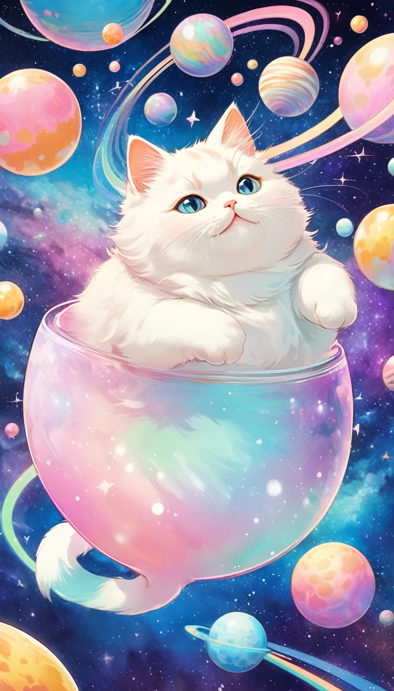 best quality, super fine, 16k, 2.5D, delicate and dynamic depiction, cute plump cats floating around, Infinite space, fantasy wonderland, zero gravity, cute pastel textures, pop art effects