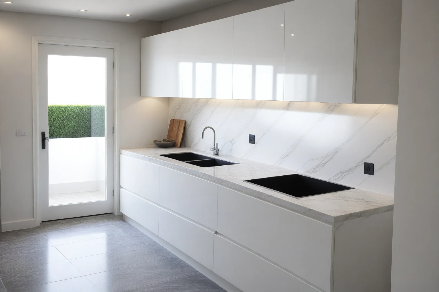 Raw photo,Masterpiece, high quality, best quality, authentic, super detail,
indoors, interior , ((kitchen and dining :1.3)), modern style, daylight, (WHITE WALL),luxury, marble tile floor, fridge, black stone counter top