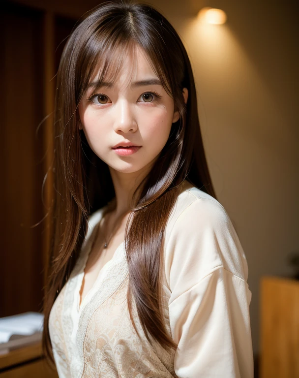 Highest quality, Face Focus, Soft Light, Ultra-high resolution, (Realistic:1.4), RAW Photos,
1 Japanese girl, alone, cute, (pupil, Light in your eyes), Beautiful face in every detail, (Small box),(High resolution detail of human skin texture),
(Long Hair),
indoor,
Damask Shirt Dress,
(Portraiture)