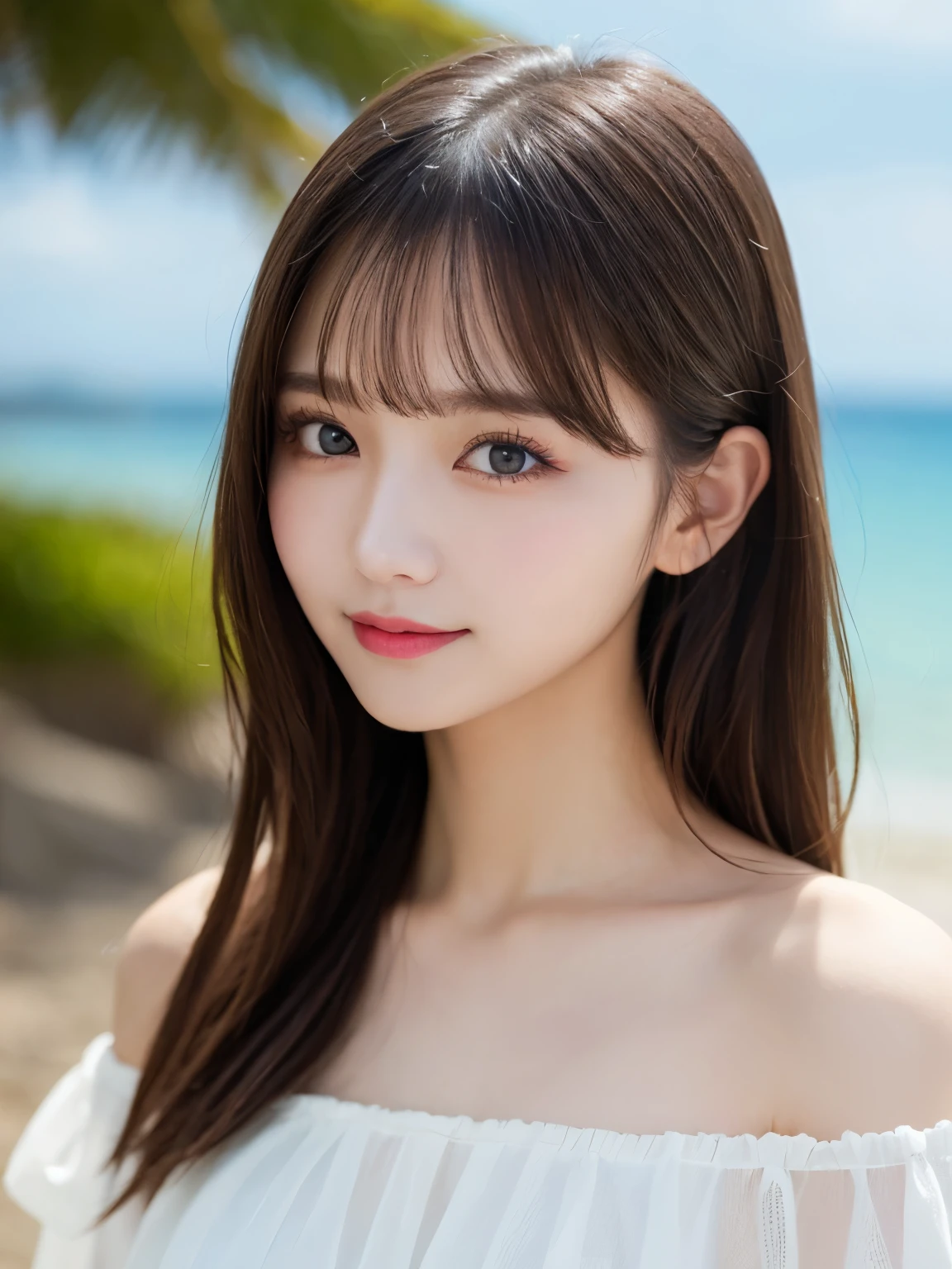 table top, highest quality, shape, Super detailed, finely, High resolution, 8k wallpaper, Perfect dynamic shape, beautiful and detailed eyes, D cup, natural color lip, random sexy pose,smile、20 year old girl、midnight、Beautiful and dense face、perfect and beautiful face,Big eyes、real photos(best image quality),Sheer off-shoulder dress (cream)、looking at camera、Please stand、Do gal makeup,blurred private beach background
