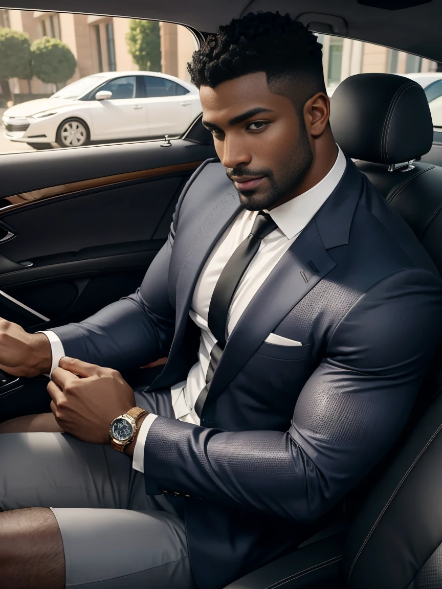 8K,8K resolution,2 Muscular Europeans, handsome man,charming eyes,dark skin,beautiful, smooth and shiny,Full muscles,Thick body hair, (wearing a stylish suit),big bag highlights,Excellent j8,emphasize,Driving a luxury convertible,The car is full of roses,Two men smiling happily,professional lighting,Professional photography,Realistic photos,realistic model,realistic art,Perfect hand details