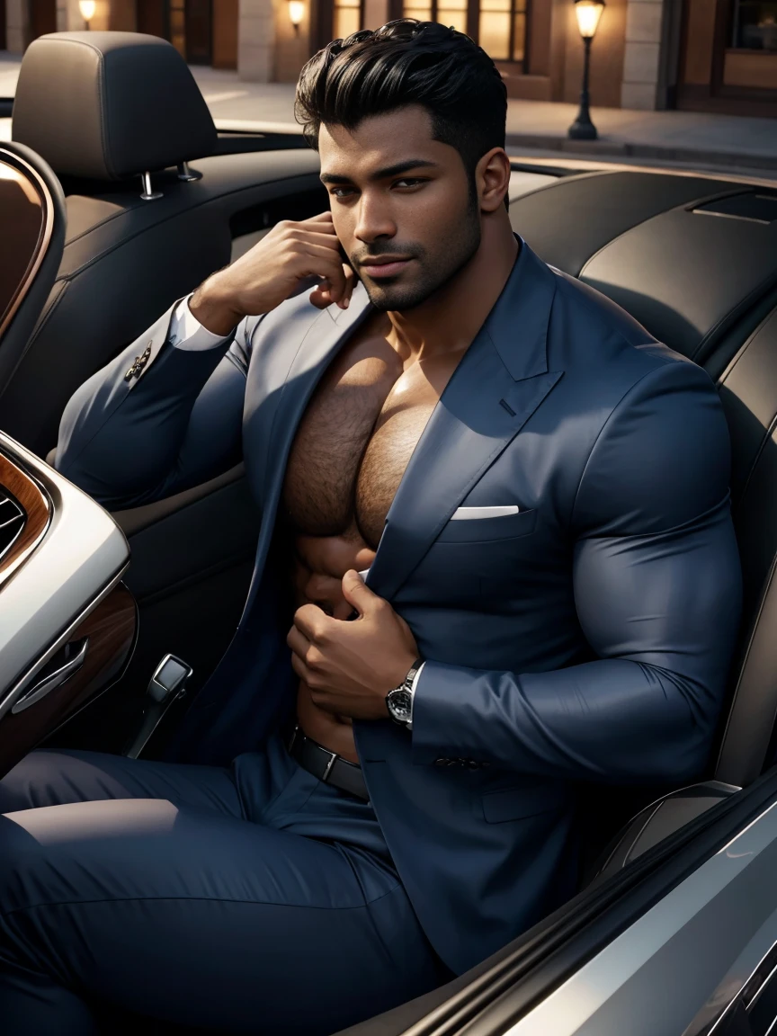 8K,8K resolution,2 Muscular Europeans, handsome man,charming eyes,dark skin,beautiful, smooth and shiny,Full muscles,Thick body hair, (wearing a stylish suit),big bag highlights,Excellent j8,emphasize,Driving a luxury convertible,The car is full of roses,Two men smiling happily,professional lighting,Professional photography,Realistic photos,realistic model,realistic art,Perfect hand details