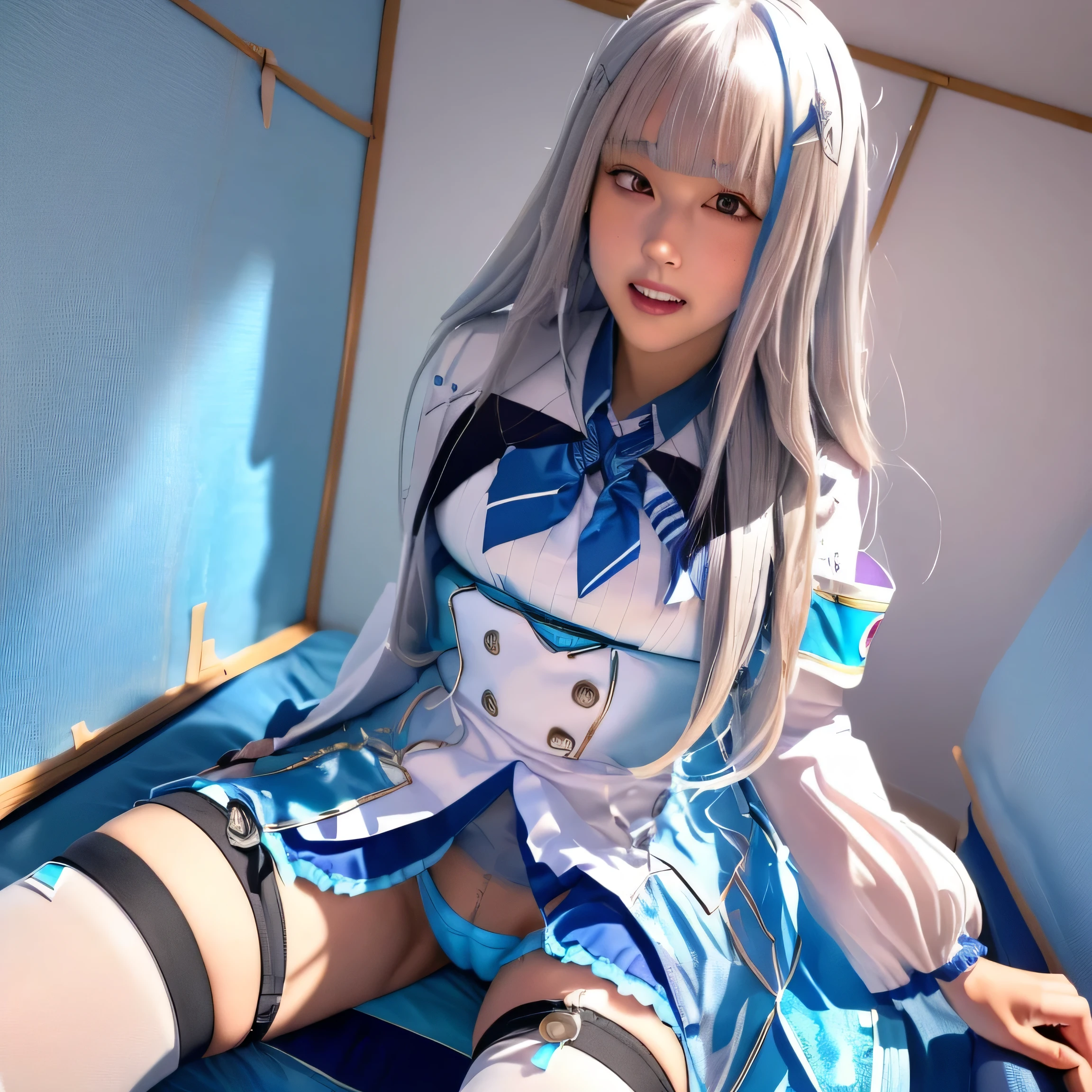 ,(((Liz Hellesta))),gameroomconcept,PC Desk,((Gaming Chair)),Pay,Game Controller,keyboard,((Looking at the smartphone in his hand)),vtuber,Game Now Streaming,((White Delivery Room)),(Liz HellestaHair),((Dressed seriously)),(((Do not expose breasts))),masterpiece, Highest quality, beautiful,(1 female), Liz Hell,cameltoe,(Straight gray straight hair,((bangs)),((Beautiful Japanese girl face)),Thin face,((Thin cheeks)),Beautiful female face,Precise depiction,Excellent costume design, charm, (Small breasts), Slender upper body,(8k Full Body RAW Photo), (Highly detailed skin: 1.2), ((Oily skin)),smile, Highly detailed face, ((Grey Hair)),fine grain, ((Sweaty body)), (((Oily skin))),Inside the room,1 Girl,Open your mouth,(((Open your eyes))),(((View your viewers))),(((Open your eyes))),(((Open your eyes))),(Large pelvis),(Wide Hips),(((Very muscular and thick thighs Veins,))),(((Abnormally thick thighs))),Thigh gap,Shiny thighs.(((Narrow waist))),(Realistic:1.0),Front view,1girl,lh1, (((White panties))),(((cameltoe))),Hair Ornament Net、Long Hair、Long sleeve、Pleated skirt、((Blue thigh-high socks in silk fabric))、((手链))、Blue pleated mini skirt、((White jacket, cotton material))、(tight white shirt)、Blue Skirt、(Metallic black thigh straps),(((Front view))),See the deranged,Focused on PC gaming,((Open your mouth)),Showing teeth,Constricted eyes,(((blush,shame))),((Puzzled expression)),Panties are wet,