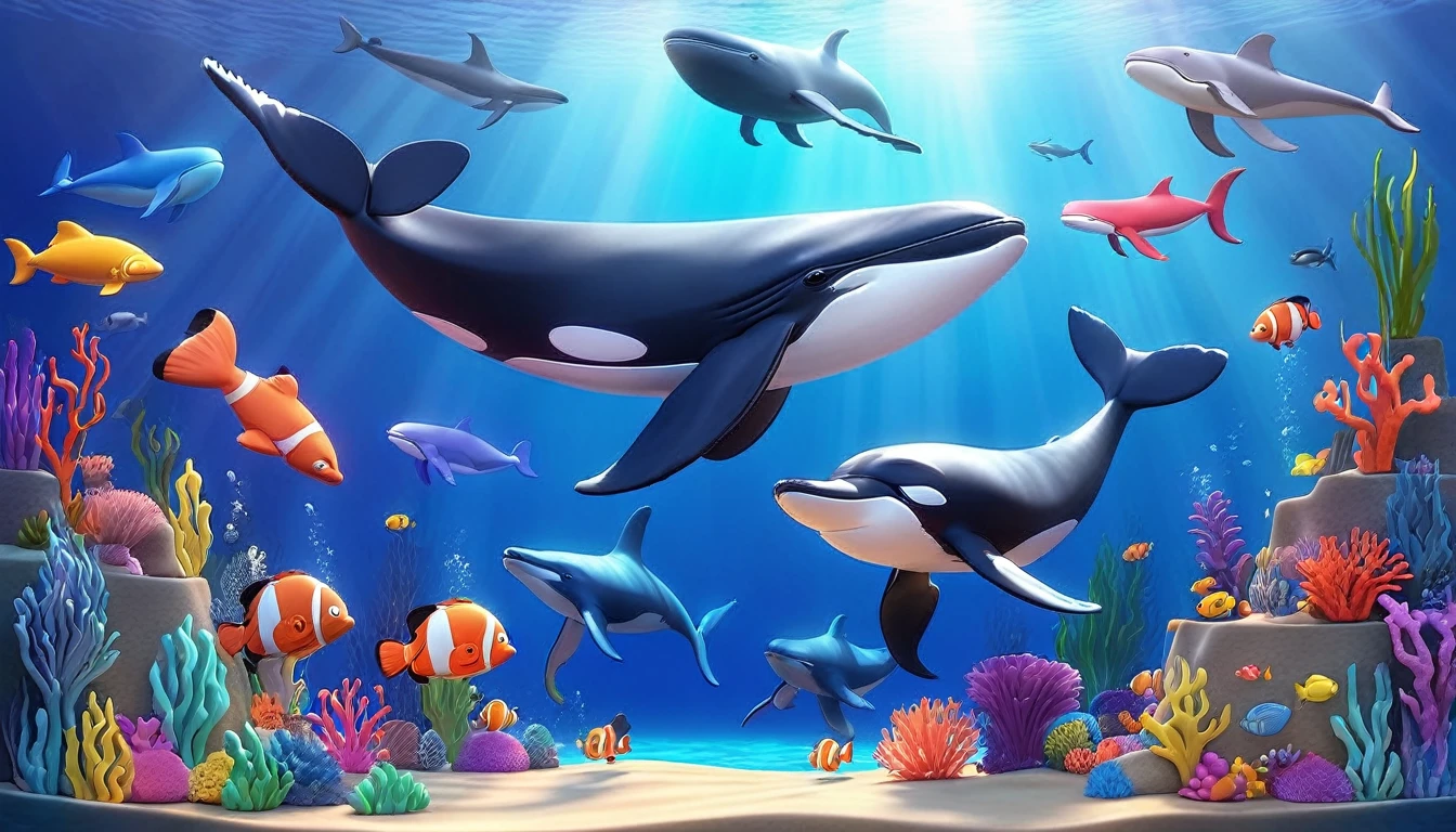 Create a 3-D Pixar style art scene for kids featuring various whales like blue whales, humpback whales, and orcas. The scene should be colorful and vibrant, with an ocean background, coral reefs, and schools of fish. The overall mood should be engaging and inviting for young children.