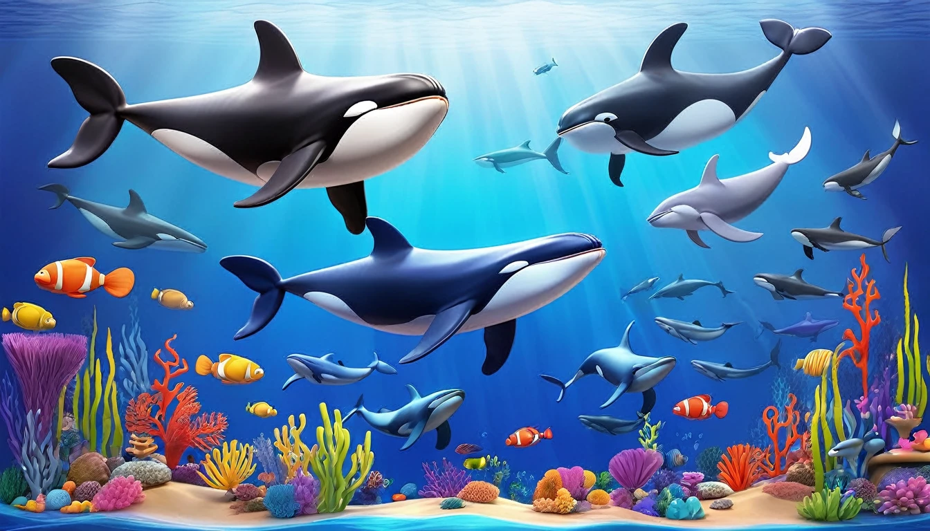 Create a 3-D Pixar style art scene for kids featuring various whales like blue whales, humpback whales, and orcas. The scene should be colorful and vibrant, with an ocean background, coral reefs, and schools of fish. The overall mood should be engaging and inviting for young children.