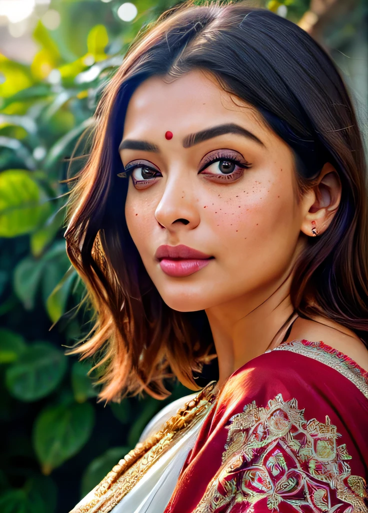professional photograph of RAW photo, photorealistic, [:intricate details:0.3], best quality, photo of beautiful Aishwarya Rai Bachchan Indian actress 45y old woman, with brown hair, detailed skin, (like a plus size:1.1), (beautiful round shape breasts:1.1), (big ass:1.1), ( white, red, blue, color saree with blouse), 1girl, graceful body structure, from front, looking at viewer, in outdoor bangalore town city, natural color, perfect viewpoint, highly detailed, wide-angle lens, hyper realistic, with dramatic sky, polarizing filter, natural lighting, vivid colors, everything in sharp focus, HDR, UHD, K Photorealistic, Hyperrealistic, Hyperdetailed, analog style, detailed skin, matte skin, soft lighting, subsurface scattering, realistic, heavy shadow, masterpiece, best quality, ultra realistic, 8k, golden ratio, Intricate, High Detail, film photography, soft focus, closeup facing camera, full face front view closeup, light freckles, high details of face. 