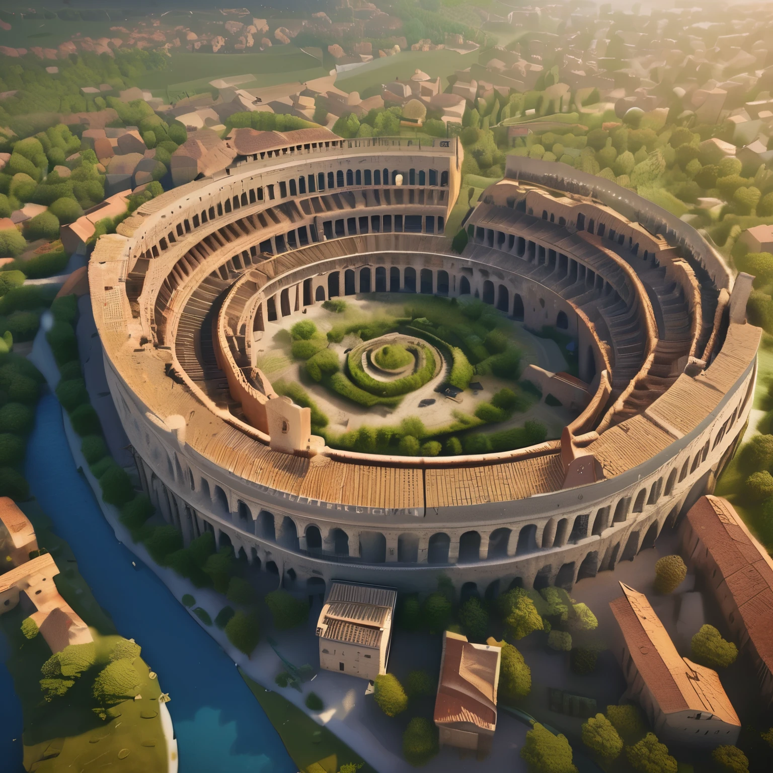 Beautiful, realistic aerial view of medieval Roman society., The city sprawls across the landscape with its many intricate stone buildings and cobbled streets., The mighty Colosseum dominates the centre., bustling market, and lively squares filled with people, Surrounded by lush farmland and meandering rivers., photography, High resolution drone camera with professional 8k hd lens.