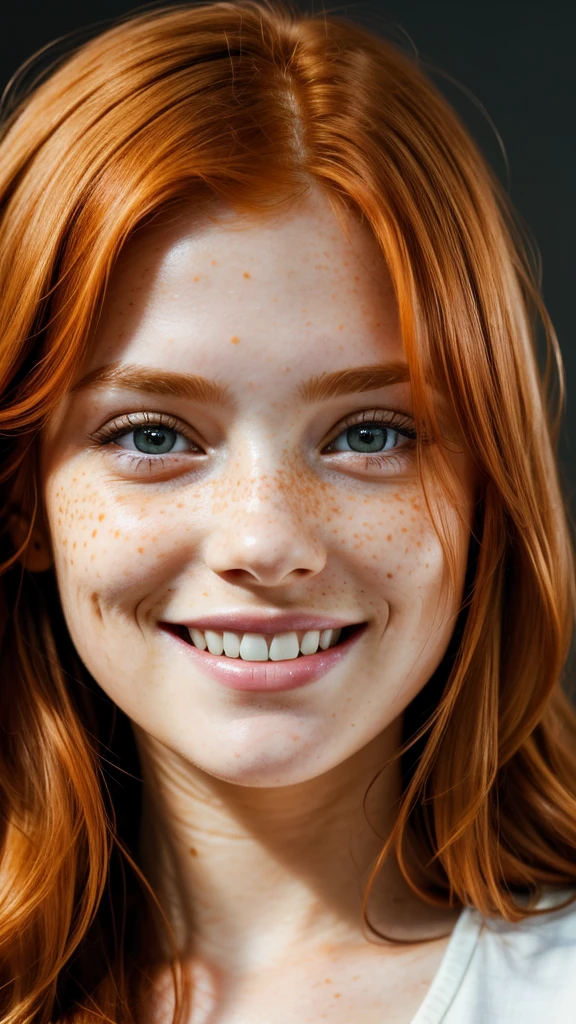 beautiful girl,smile,happy,close up,(detailed eyes:0.8),(looking at the camera:1.4),interior,(ginger hair:1.3),dark studio,muted colors,freckles