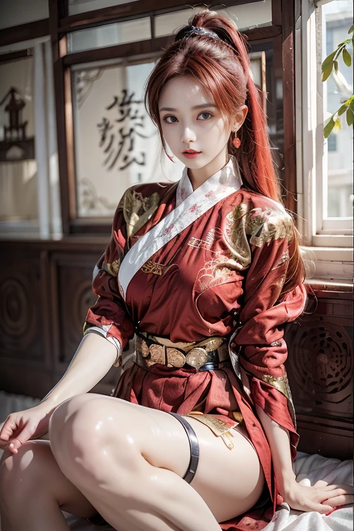 raw image, In an ancient Chinese house, realistic, best shadow, realistically, dark light, Full show, Full body view of the girl, high resolutionเป็นพิเศษ, Detailed nipple pattern, photo-realistic, Masterpiece, Very detailed eyes and face, Body details, finger details, high detail clothing, Highest quality, ((high resolution)), 1 woman, ((beautiful girl)), alone, decorations, Bangle, ((Red Hair)), ((Slender face)), ((PonyTail)), ((red eyes)), decorationsที่ผมสีเงิน, dark brown eyeliner, put on makeup, red lips, ((Hanfu)), ((big breasts)), red shirt, black shirt, golden shirt edge, Golden dragon pattern set, Gold Earrings, Hair pins, Show your nipples, seductive pose, beautiful girlกับรายละเอียดที่สวยงาม,