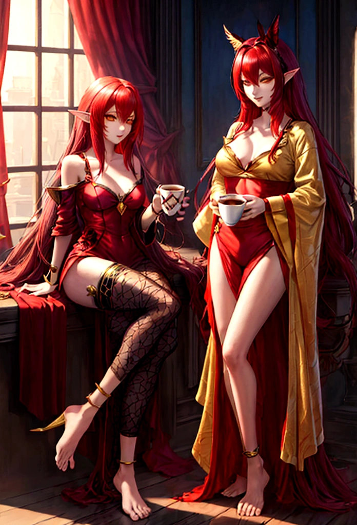 Estilo League of Legends, long hair redhead girl, with red feathered ears and sharp yellow eyes, full body, using rest set,pajamas, with cup of coffee in hand. background of room in the morning, Master pice, full HD, maximum quality.