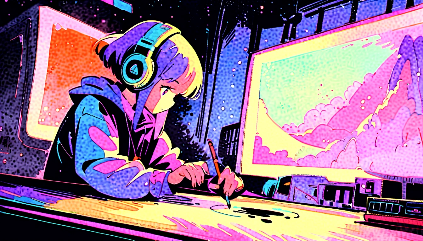 (zero), Girl studying in room, Reading a book, Wear headphones, night lighting, Neon scenery on a rainy day,Analog Color Theme, Lo-fi Hip Hop , review, flat, 2.5D ,Draw a line, Ink painting, Large slope, Watercolor, Goosh Colors, Studio Ghibli style, Great colorful, Outerton, Synthwave, Lofi Art,90s Style,Old Texture, amplitude,90s vibe, Tabletop, Great technology, 16:9 Scale