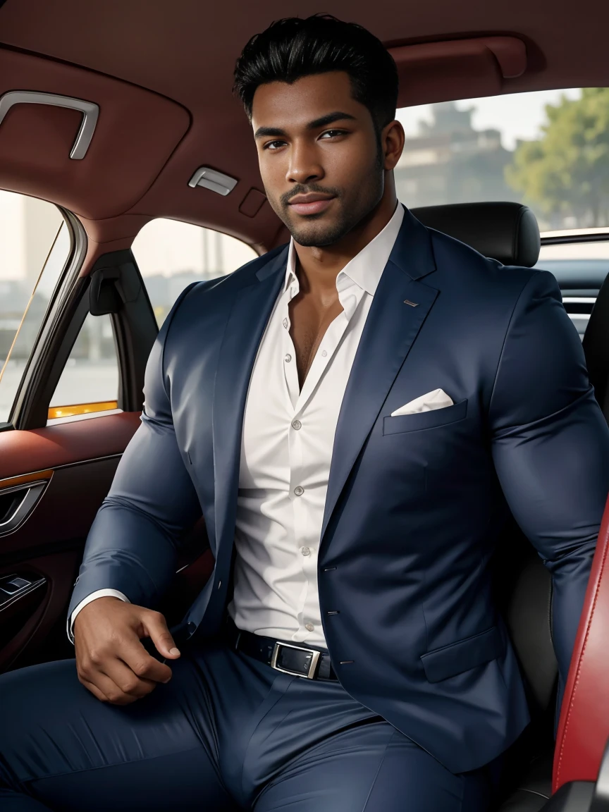 8k，8K resolution，2 Muscular Europeans, handsome man，charming eyes，dark skin,beautiful, smooth and shiny，Full muscles，Thick body hair， (wearing a stylish suit)，big bag，emphasize，Driving a luxury convertible，The car is full of roses，Two men smiling happily，professional lighting，Professional photography，Realistic photos，realistic model，realistic art