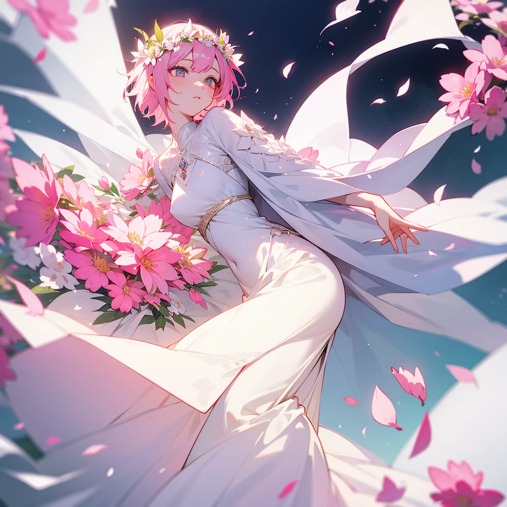 Pink short hair, flower crown, white long dress, white eyes, flower petals falling