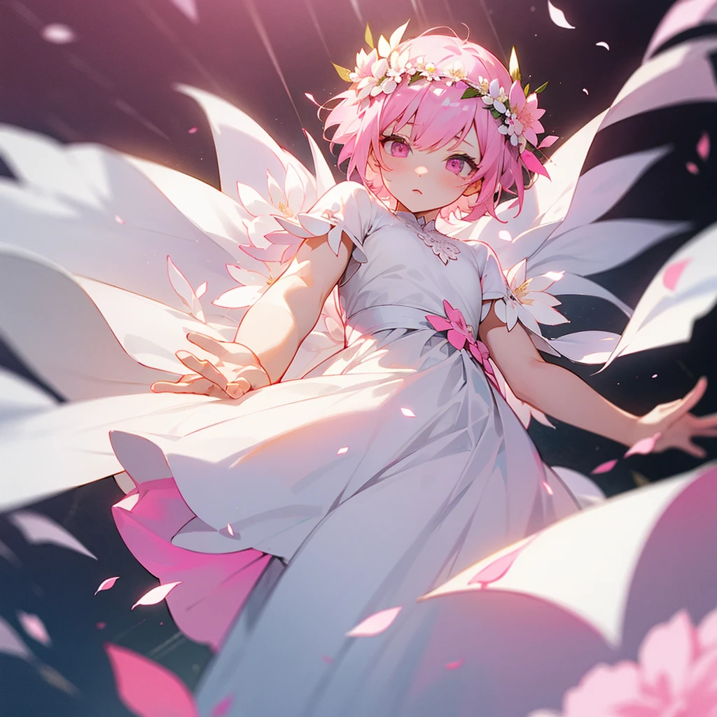 Pink short hair, flower crown, white long dress, white eyes, flower petals falling