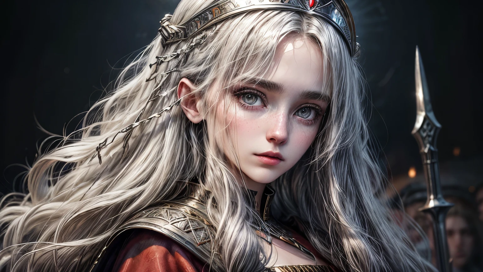 A half-length image of a young woman, apparently 18 years old, long wavy grayish-white hair, purple eyes, pale skin, similar in face to Anne of Arma, slender in Medieval Saracen Princess clothing, red robes, with a dagger in her right hand and in the background a citadel, illuminated by the lights of the same in a starry night scene,