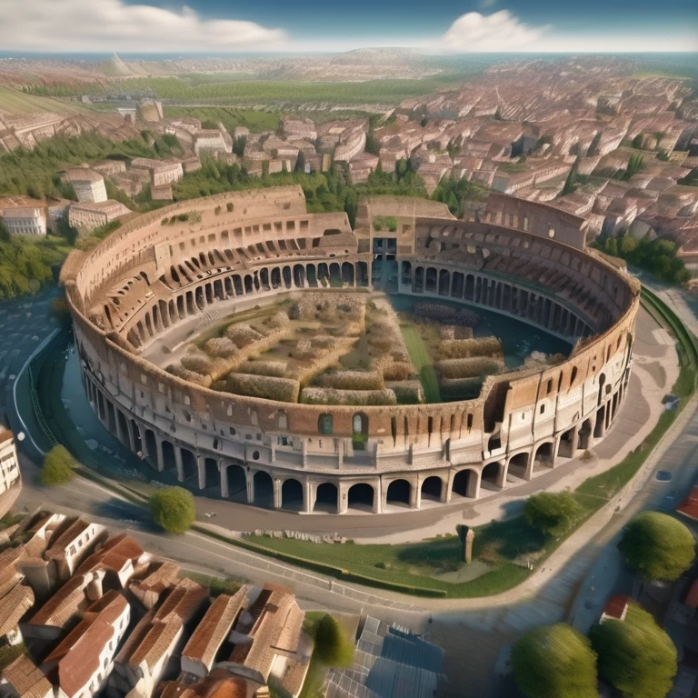 Beautiful, realistic aerial view of medieval Roman society., The city sprawls across the landscape with its many intricate stone buildings and cobbled streets., The medium-sized Colosseum dominates the center., bustling market, and lively squares filled with people, Surrounded by lush farmland and meandering rivers., photography, High resolution drone camera with professional 8k hd lens.