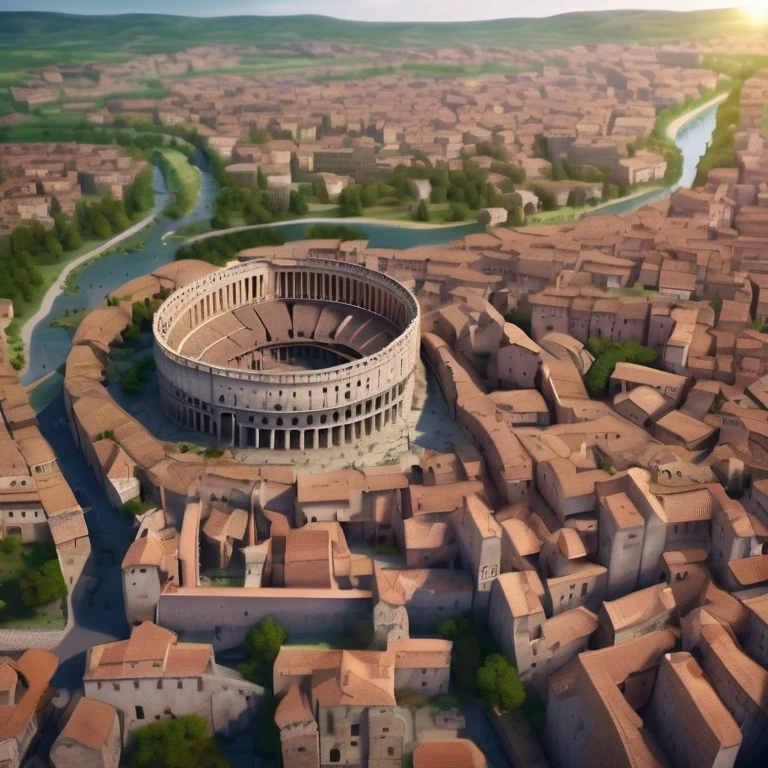 Beautiful, realistic aerial view of medieval Roman society., The city sprawls across the landscape with its many intricate stone buildings and cobbled streets., The medium-sized Colosseum dominates the center., bustling market, and lively squares filled with people, Surrounded by lush farmland and meandering rivers., photography, High resolution drone camera with professional 8k hd lens.