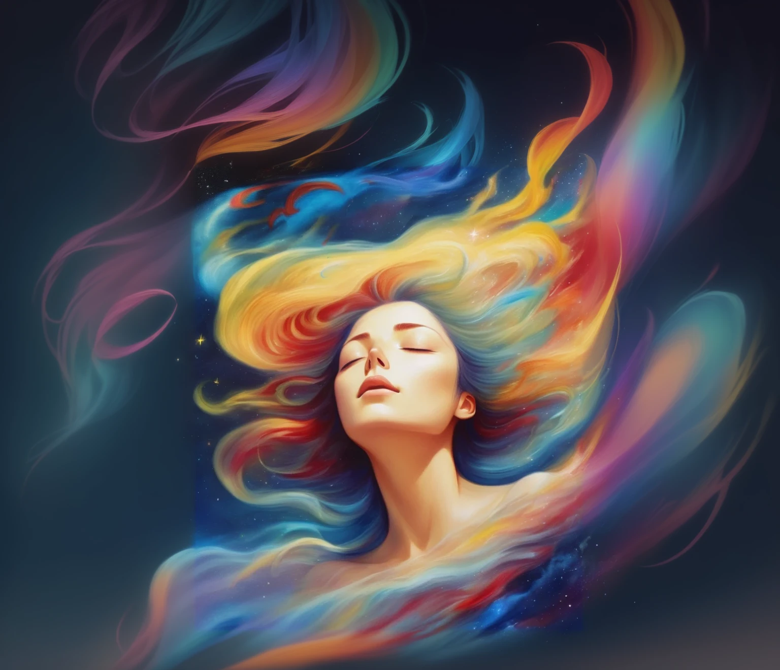 Painting of a woman with colorful hair floating in the air, inspired Cyril Rolland, Ladsとロイス・ヴァン・バールル, Cyril Rolland, Cyril Rolland風, inspired Lads, In the astral world ) ) ), Dreamy digital painting, Lads, Just a joke, Beautiful Art UHD 4K, Dreaming Face