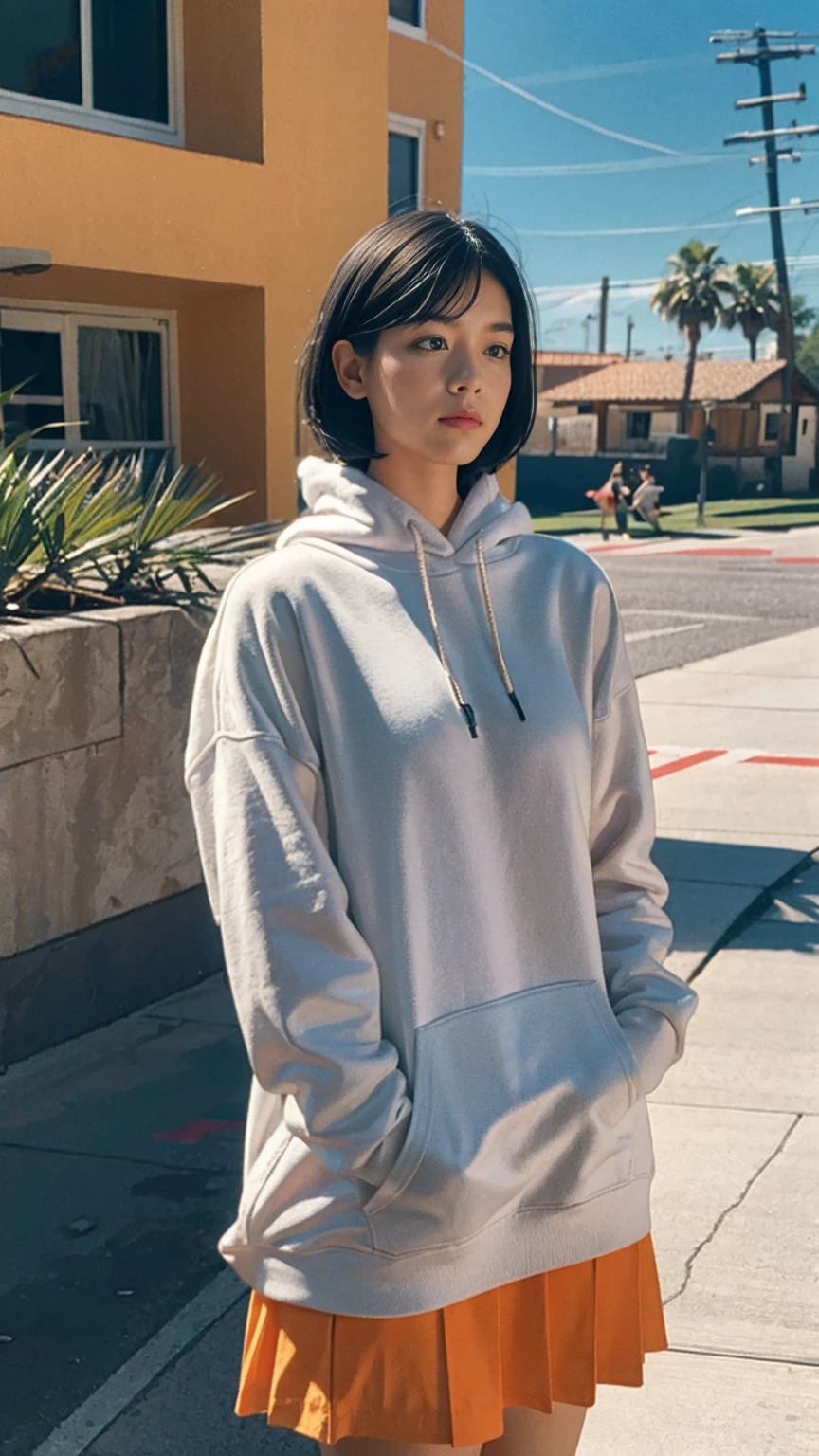 Fujifilm XT3,1 girl ,her pose exudes a sense of and joy,close up photo, wear (((color orange oversized_hoodie that covered her legs))), wear ((purple tennis skirt)),hands in hoodie pocket,looking front,Best Quality,Masterpiece,Ultra High Resolution,(Realisticity:1.4),Original Photo,light leak,ultra high resolution,UHD,beautiful, (bokeh:1) black bob hair, almond eye, no makeup, in front of (80's mondrian architecture motel), (realistic:1.2), (surreal:1.3), (very detailed:1.1), ((masterpiece)),summer, blue sky, palm trees,sunny, los angles vibes