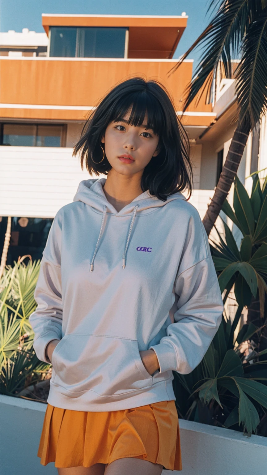 long shot portrait of cute 23 yo girl, (natural big breast) ,wear ((orange color oversized hoodie)), wear ((purple tennis skirt)),looking front,Best Quality,Masterpiece,Ultra High Resolution,(Realisticity:1.4),Original Photo, 1Girl, light leak,ultra high resolution,UHD,beautiful, (black bob hair), almond eye, no makeup, in front of (80's mondrian architecture motel), (realistic:1.2), (surreal:1.3), (very detailed:1.1), ((masterpiece)),summer, blue sky, palm trees,sunny, los angles vibes,film camera, 800mm lens,style of Philip Lorca diCorcia