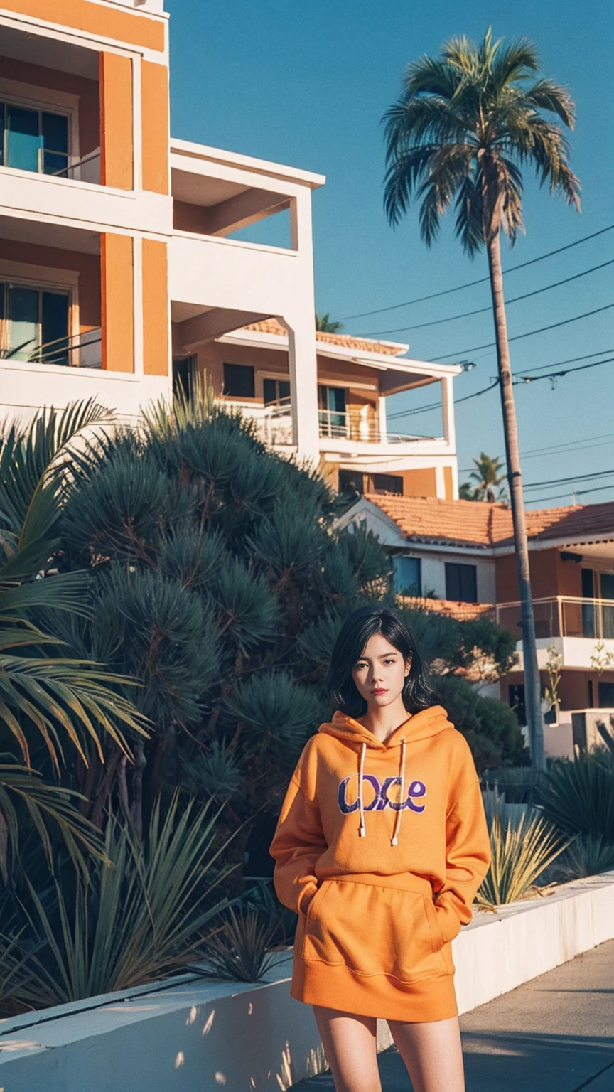 long shot portrait of cute 23 yo girl, (natural big breast) ,wear ((orange color oversized hoodie)), wear ((purple tennis skirt)),looking front,Best Quality,Masterpiece,Ultra High Resolution,(Realisticity:1.4),Original Photo, 1Girl, light leak,ultra high resolution,UHD,beautiful, (black bob hair), almond eye, no makeup, in front of (80's mondrian architecture motel), (realistic:1.2), (surreal:1.3), (very detailed:1.1), ((masterpiece)),summer, blue sky, palm trees,sunny, los angles vibes,film camera, 800mm lens,style of Philip Lorca diCorcia