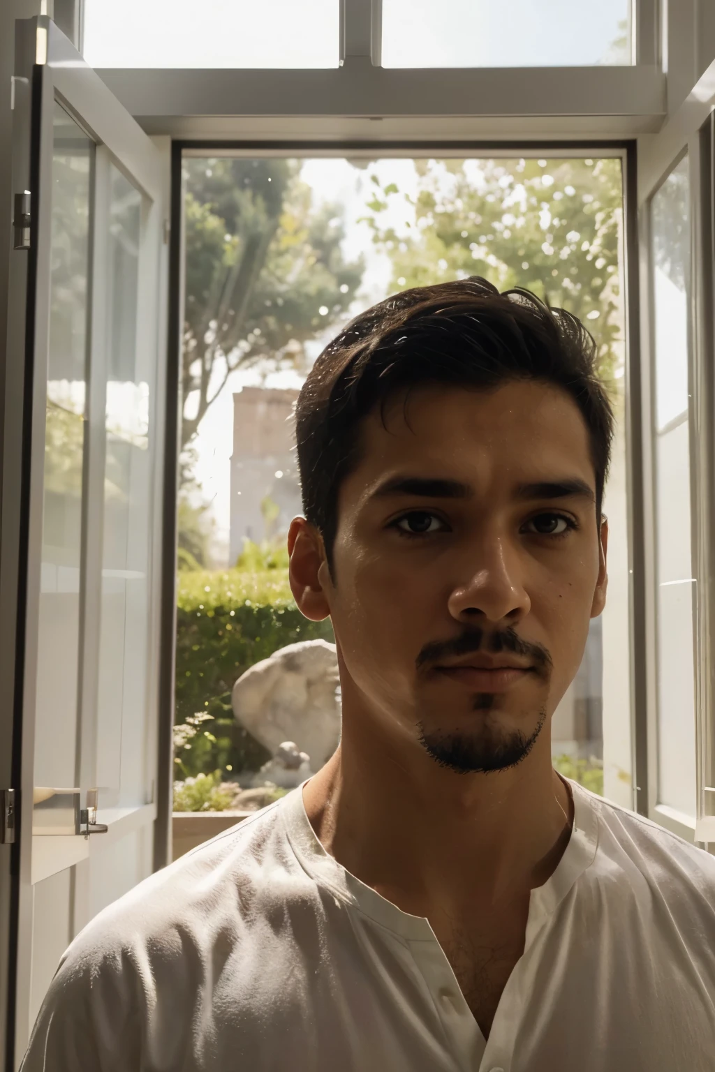Generate images with the following characteristics: In a medium shot of Carlos, carlos (40) Is high, thin and white. With yellow eyes like honey and a goatee. Observe the outside landscape through a window, where the silhouettes of the animals can be distinguished in the garden.