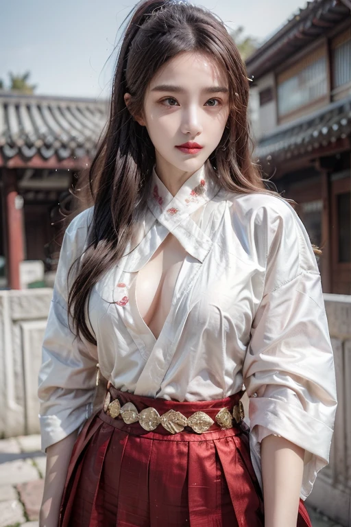 ((You are a beautiful woman.)), Fei Yu_robes, hips up, Scenery of ancient Chinese houses, Evening, red mouth, High nose, big breasts, red cloth, Gold Embroidery, black embroidered gold, blonde hair, high ponytail, depth of field, สาวสวยกับdetailsที่สวยงาม, European face, ดวงตาและใบหน้าที่Very detailed,robesdetailsมาก, The resolution is incredibly ridiculous., hugeFilesize, ไฮเปอร์details, High resolution, Very detailed, best quality, Masterpiece, The resolution is incredibly ridiculous., illustration, มีdetailsและสวยงามเป็นพิเศษ,official art, Very detailed, CG, unity, 8k wallpaper, Surprisingly, details, Masterpiece, Highest quality, วอลล์เปเปอร์ CG unity 8k ที่มีdetailsมาก(Perfect shiny skin:0.6)Best shots)), ((Masterpiece)), (details),