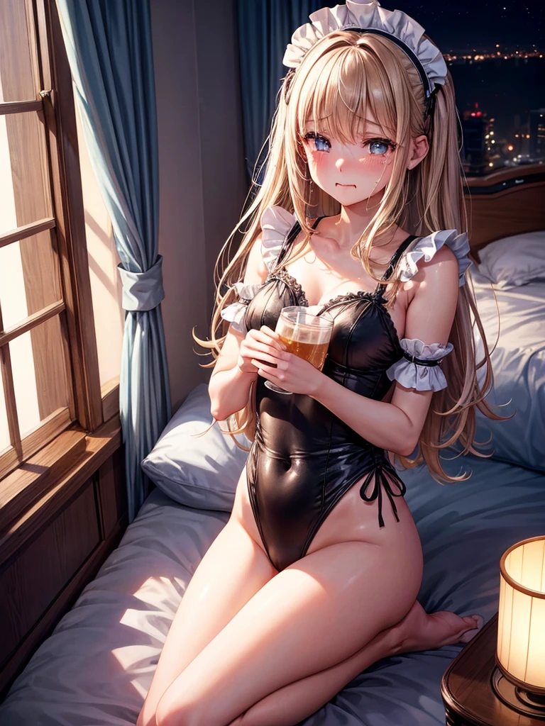 Highest quality,Highest Resolution,A beautiful girl in a maid leotard crying,Tears,drooling a lot of saliva,Drink a drink,Bedroom,Night view outside the window,High leg,Ｔback,whole body,Very beautiful eyes,Sweating profusely,